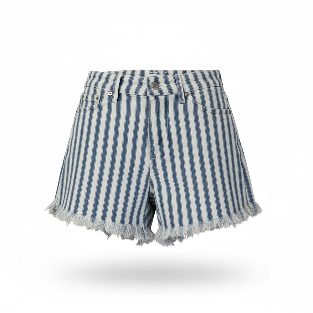 NWT Avec Les Filles High Rise Rail Stripe Jean Shorts Size 24 Raw Fringe Hem
